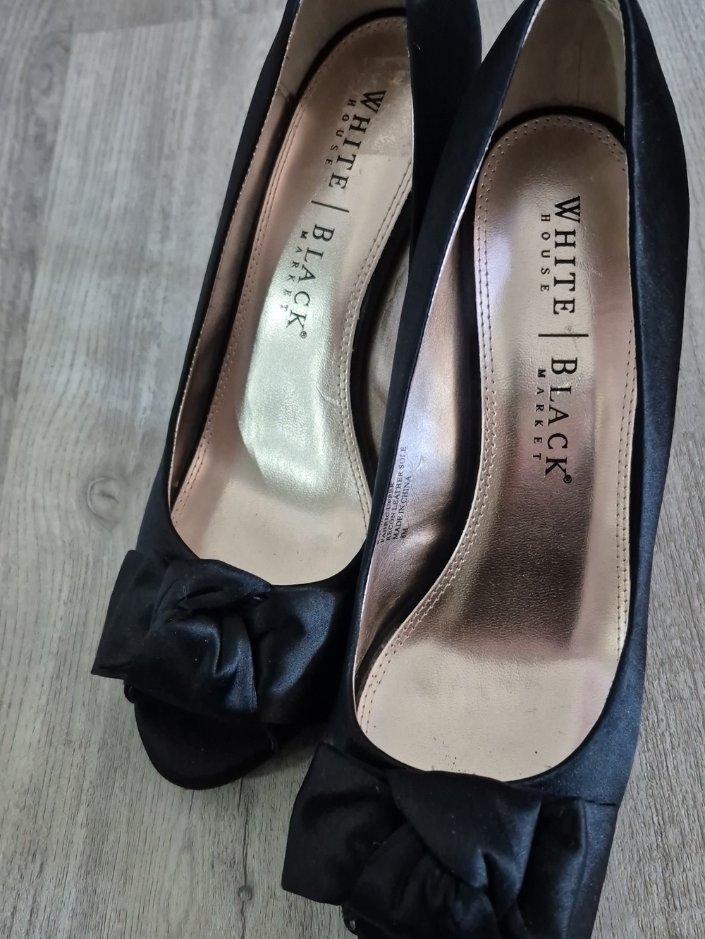 White House Black Market Black Satin Peep-Toe Pumps with Decorative Bow